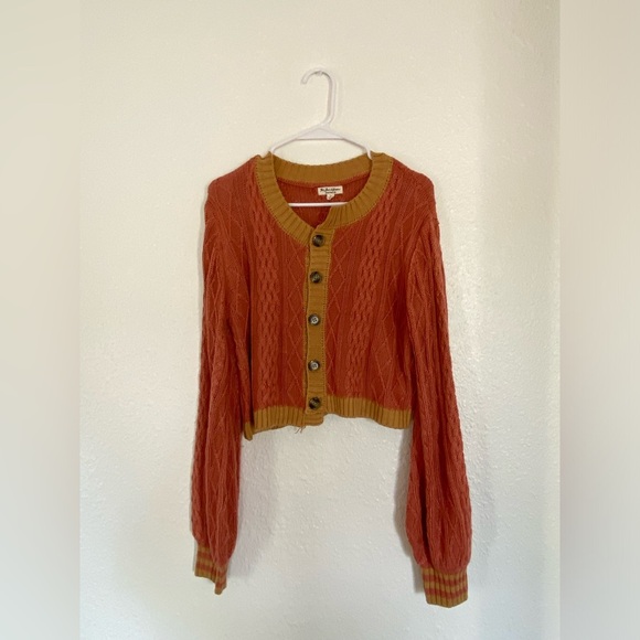 For Love & Lemons Sierra Asymmetrical Cable
Knit Cardigan,Large Rust and Mustard - Picture 3 of 6